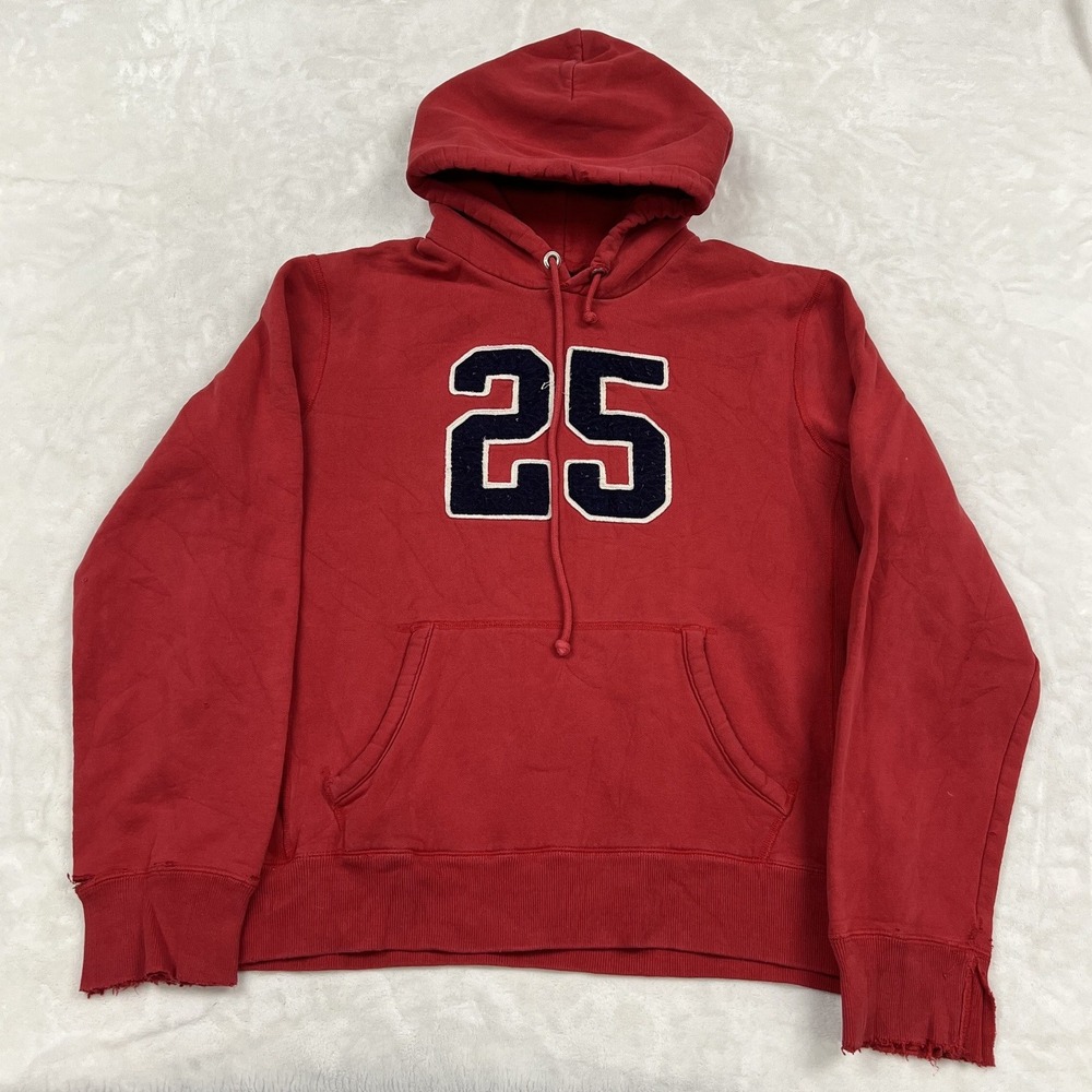 Abercrombie & Fitch Hoodie Mens L Red 25 Chenille Patch Distressed Pullover
